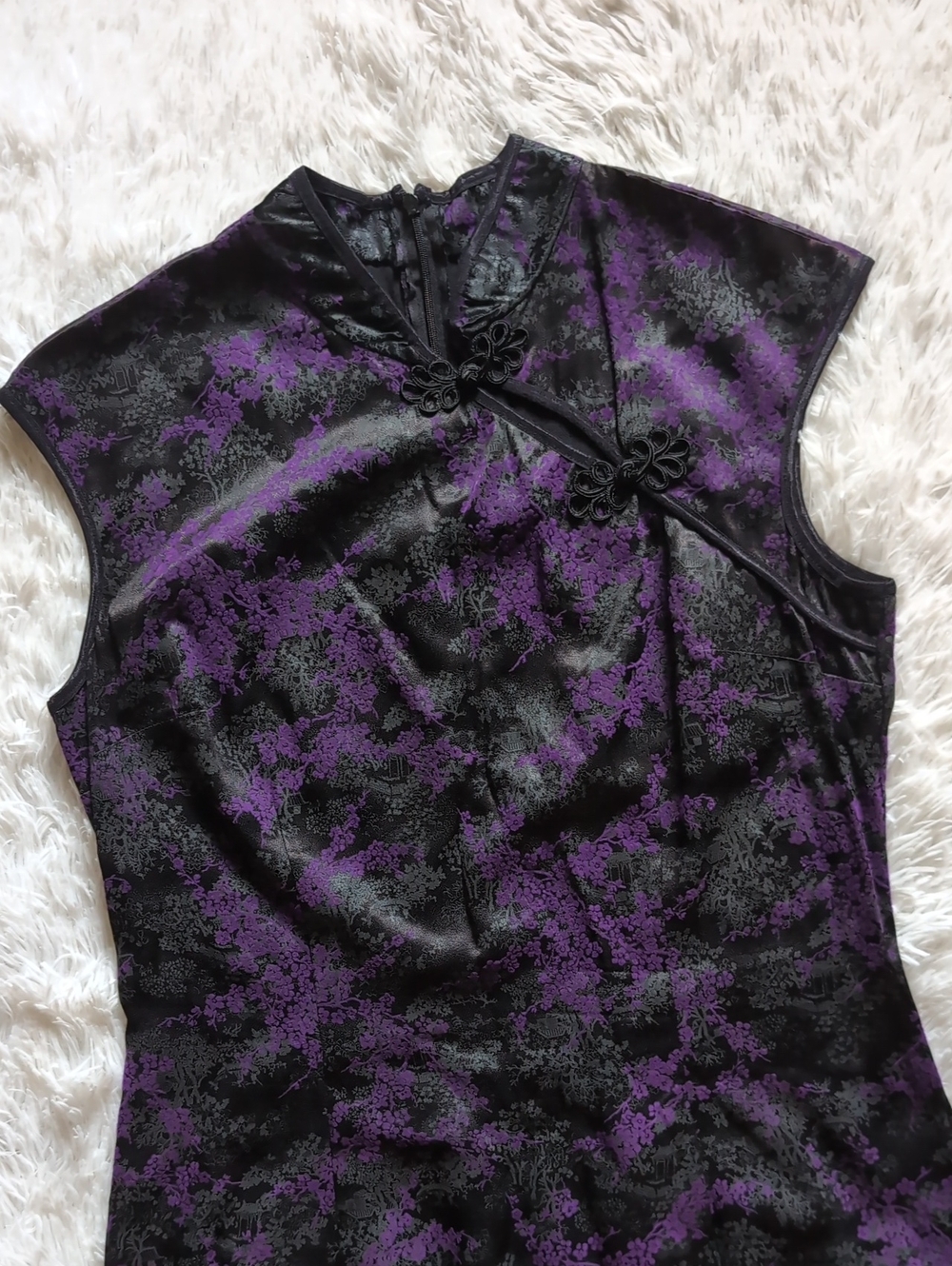 Morbid Threads Purple Satin Chinese Qipao Cherry Blossom Floral Dress Large - Picture 2 of 12